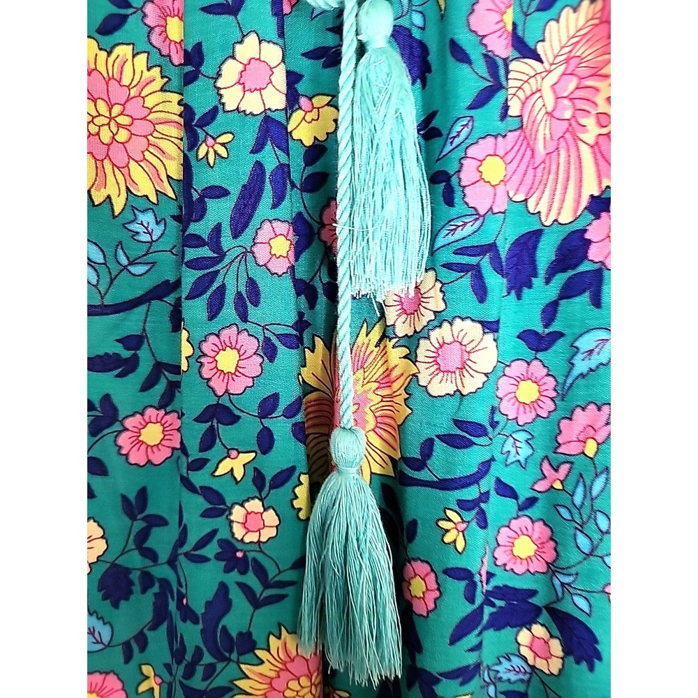 Prairie Boho Tassel Tied Midi Dress Women's M Blue-Green Floral Balloon Sleeve - Picture 7 of 10